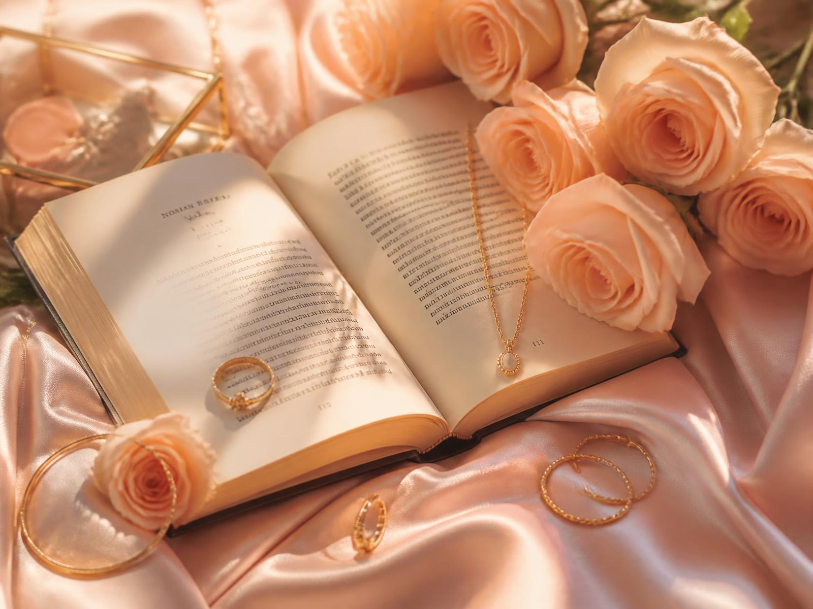 Roman ouvert sur une soie rose poudré entouré de roses pêche et de bijoux dorés